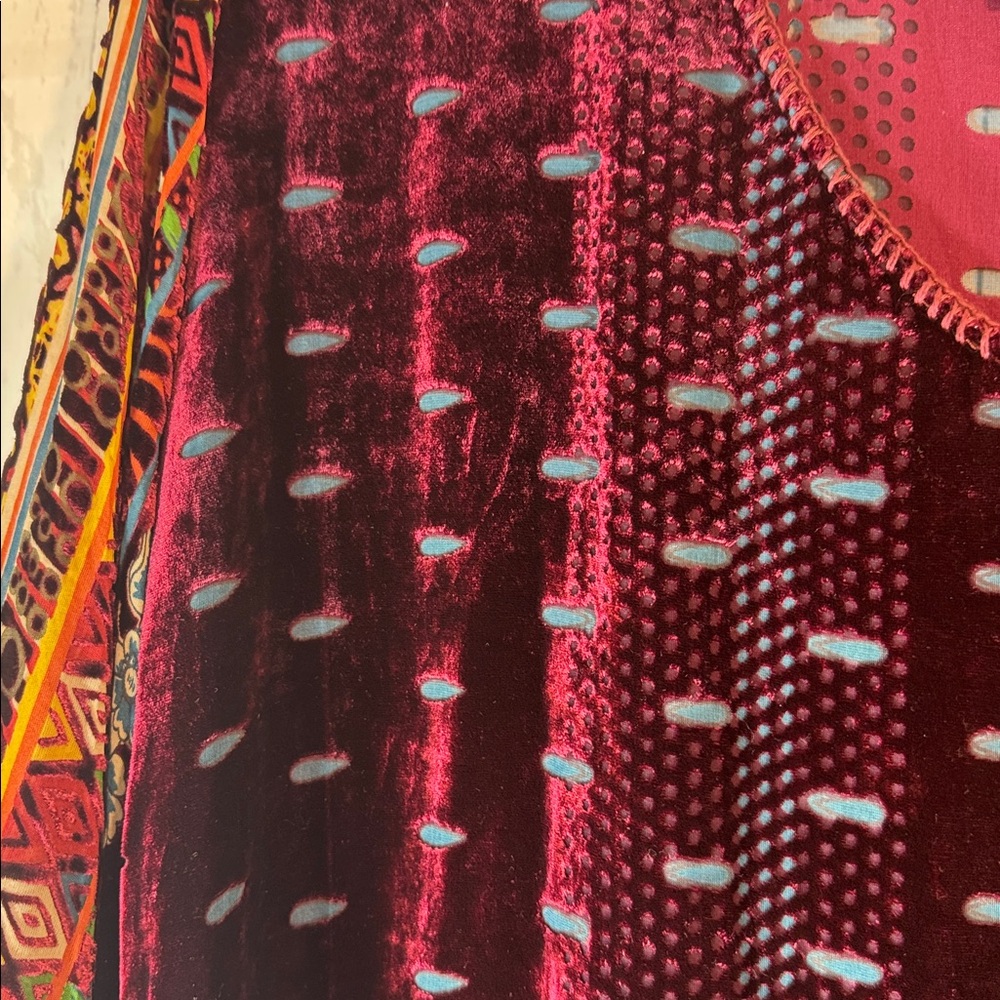 Johnny Was Burgundy Silk/Velvet Sheer and Multicolor Tunic - Picture 3 of 9